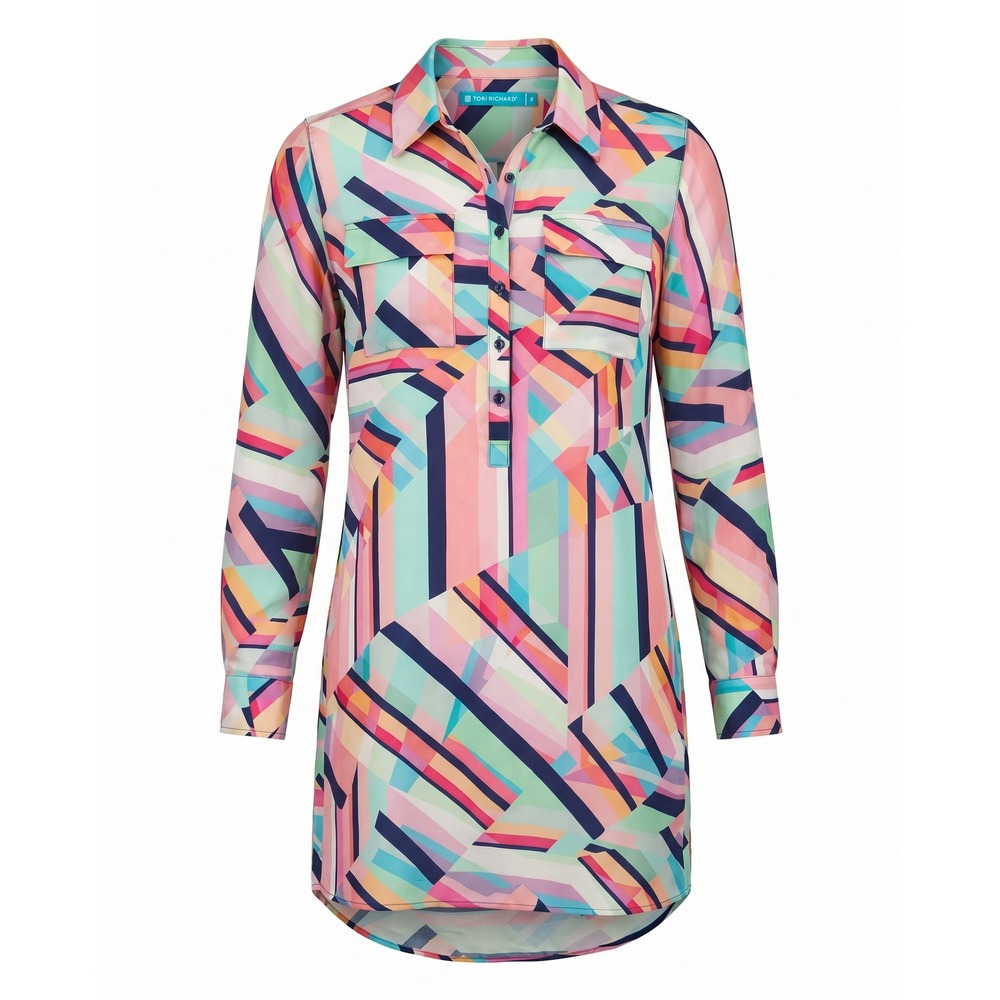 Tori Richard Geometric Shirt Dress Roll Tab Sleeves‎ Sz 0 100% Silk Resort Wear